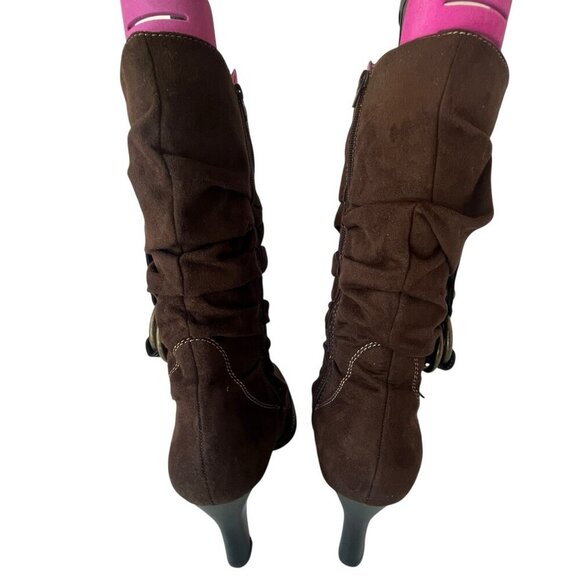 Predictions Womens 11 High Heel Brown Suede Slouchy Boots Mid Calf Boho Hippie - Picture 3 of 16